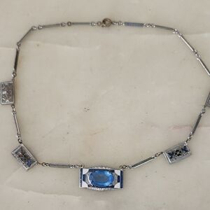 Vintage Art Deco Silver Toned Blue Gemstone Necklace